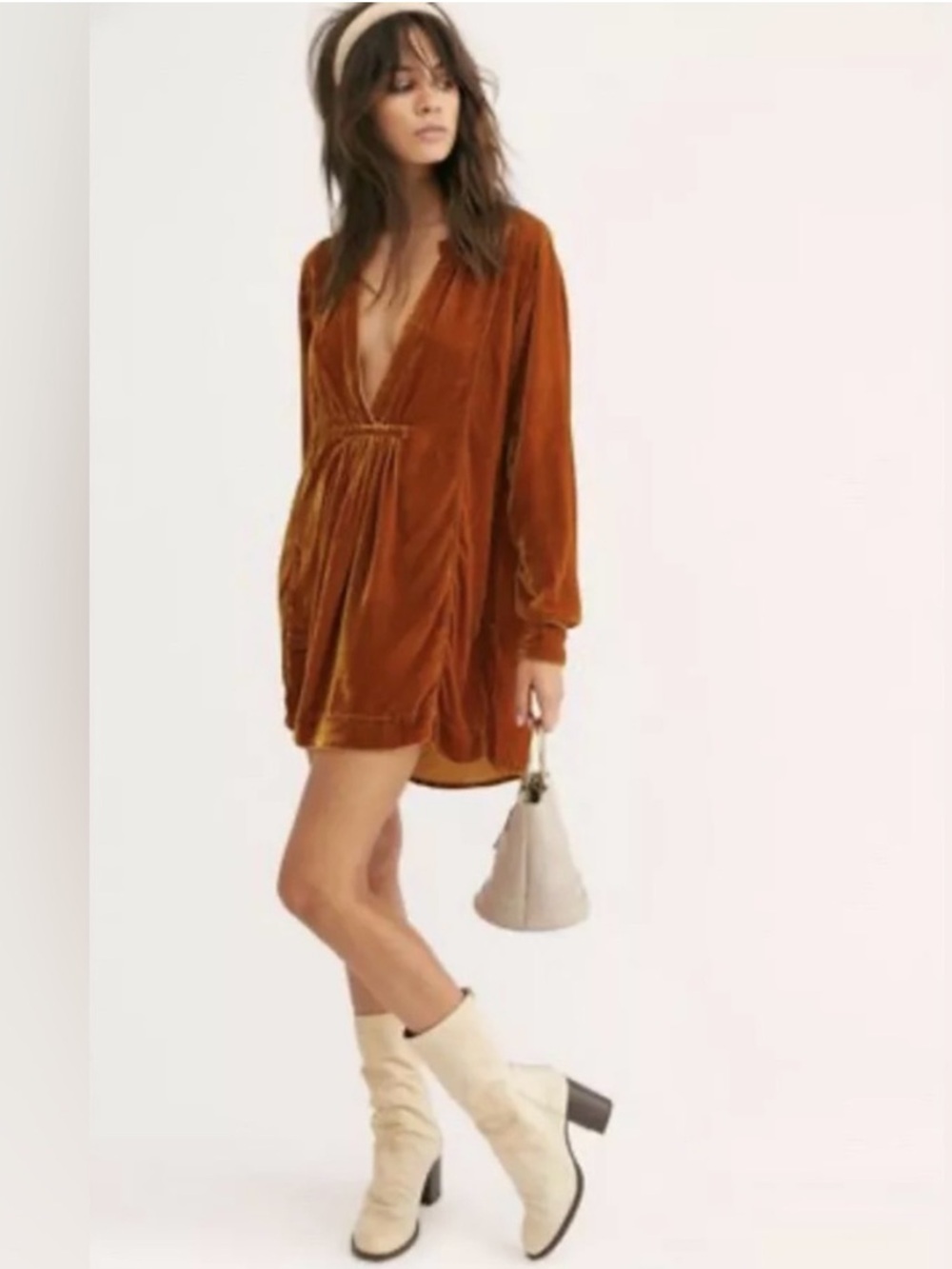 Free People x CP Shades Jacey Velvet Deep V Mini Dress in Rust Brown Size Large